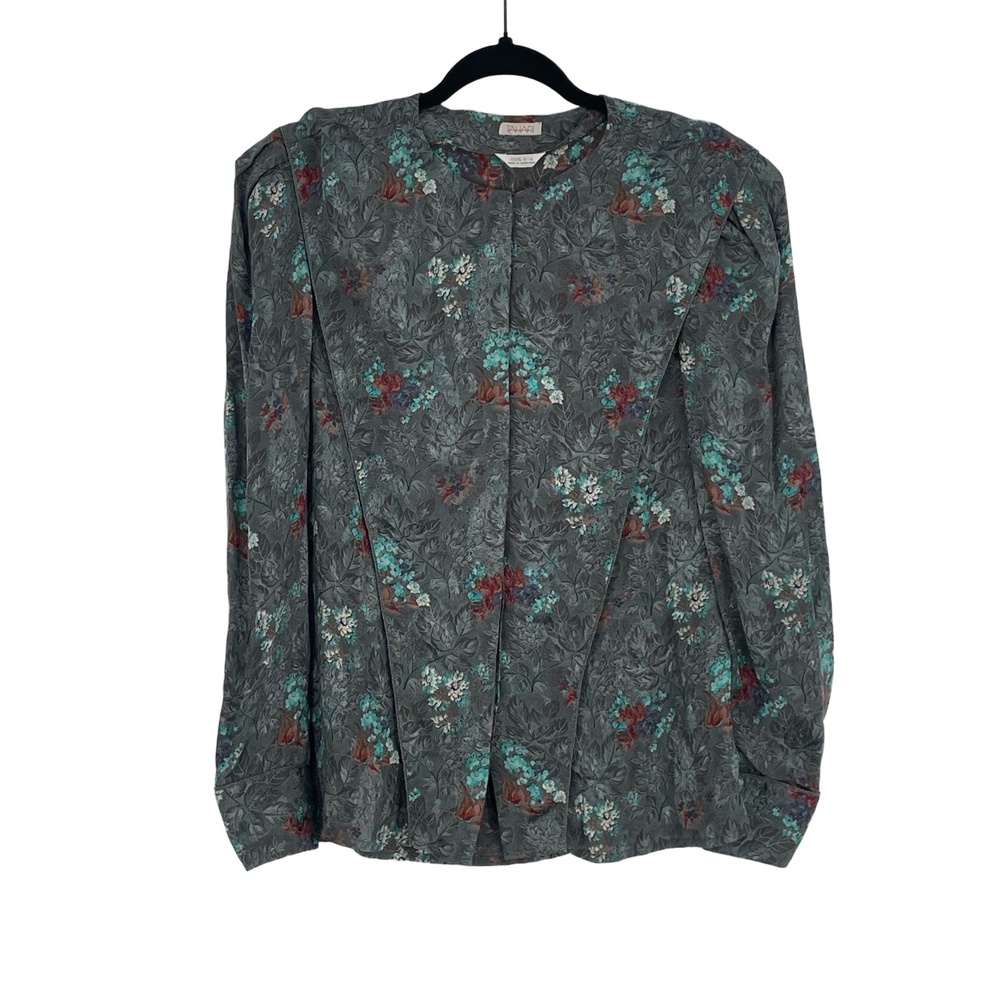 Tahari Women's Blue Floral Pleated Vintage Long‎ Sleeve Silk Blouse Top Size 6
